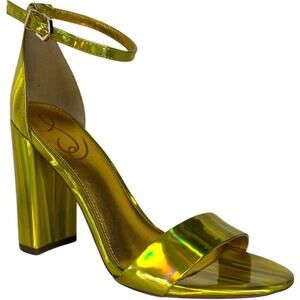 Sam Edelman Yaro Patent Leather Block Heel Sandals Neon Yellow Iridescent Sz 7M